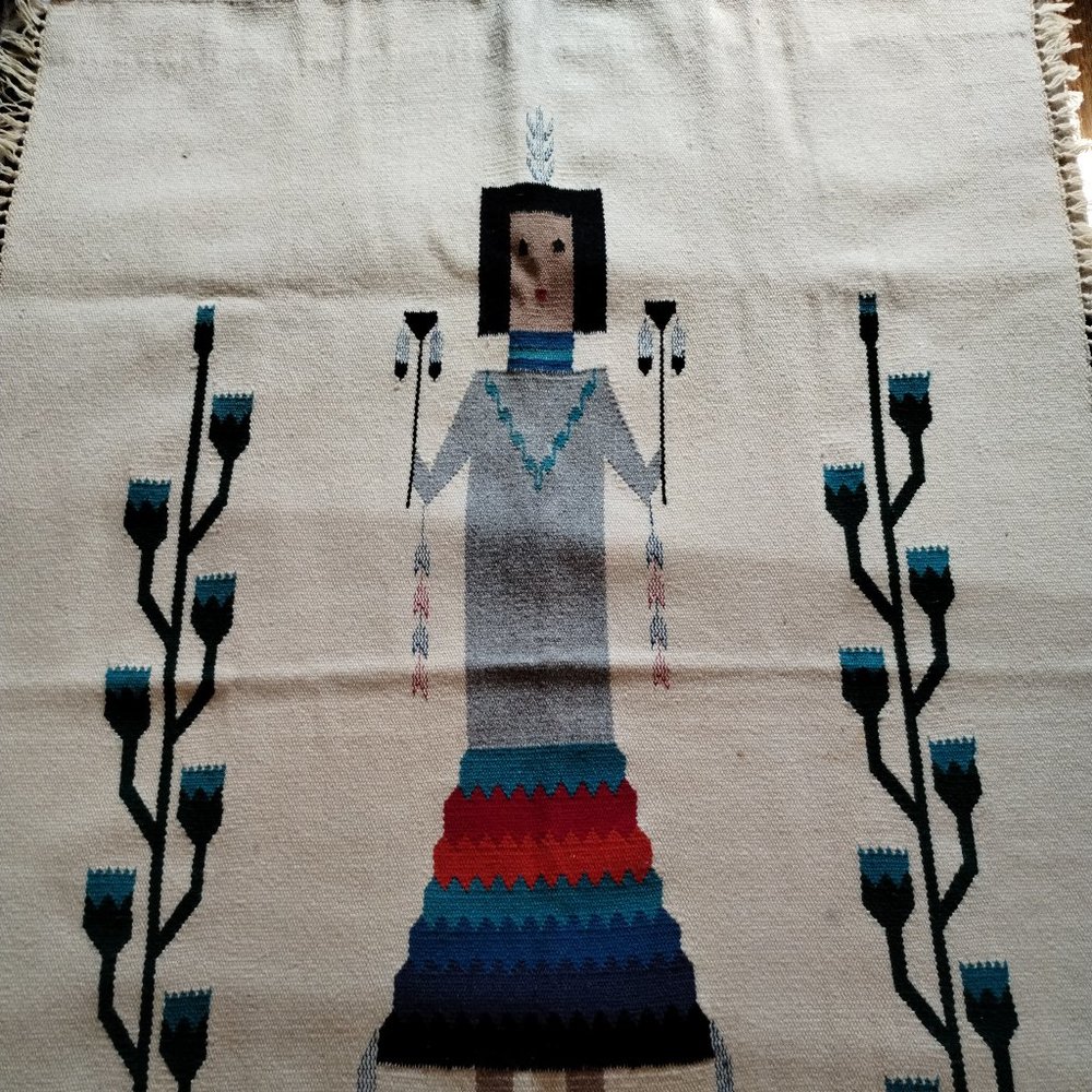 Vintage Cream Tapestry Indian Woman Hand Crafted Rug, Curtain